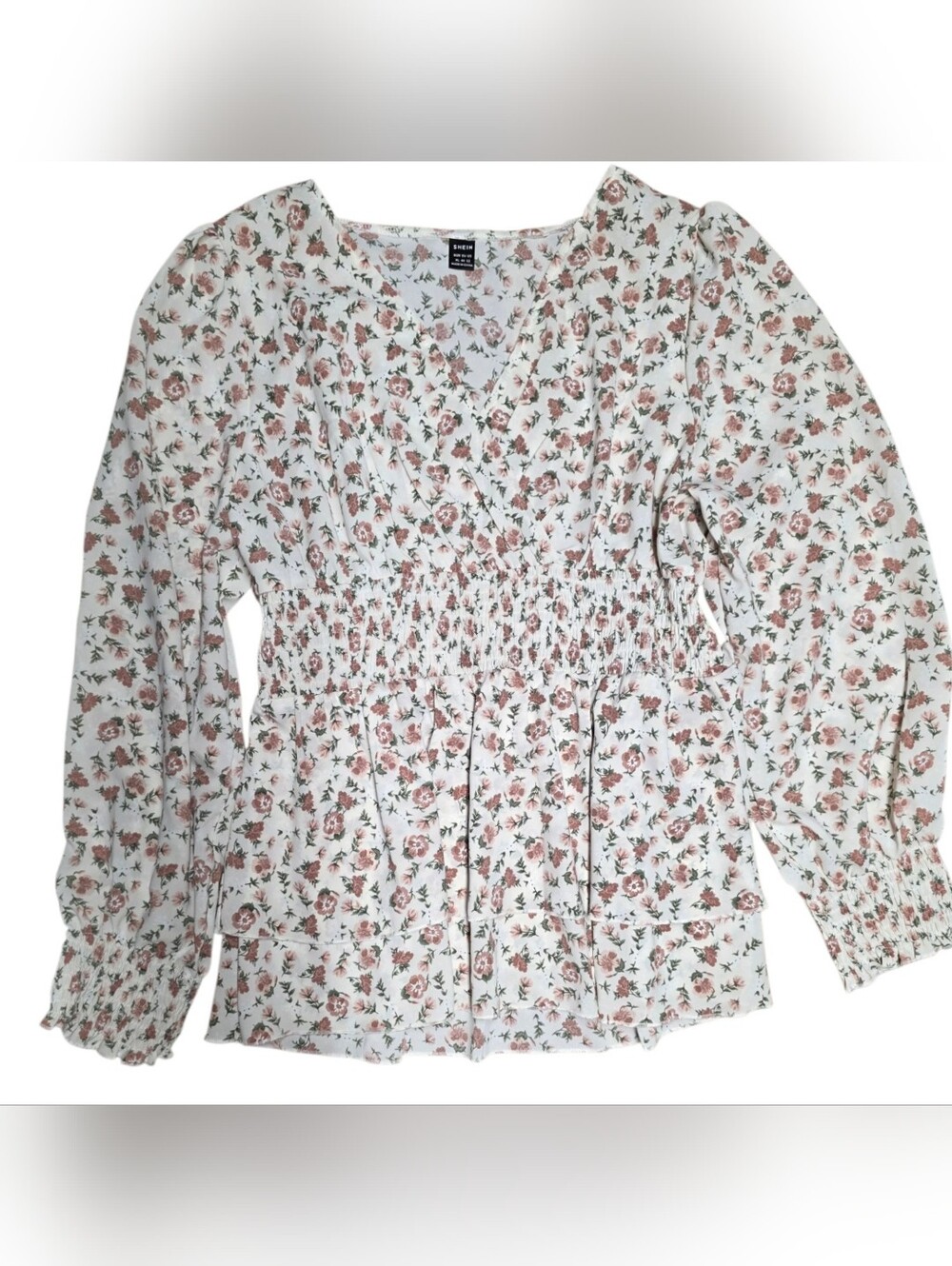 Smocked-Waist Blouse with Pink Rose Print XL